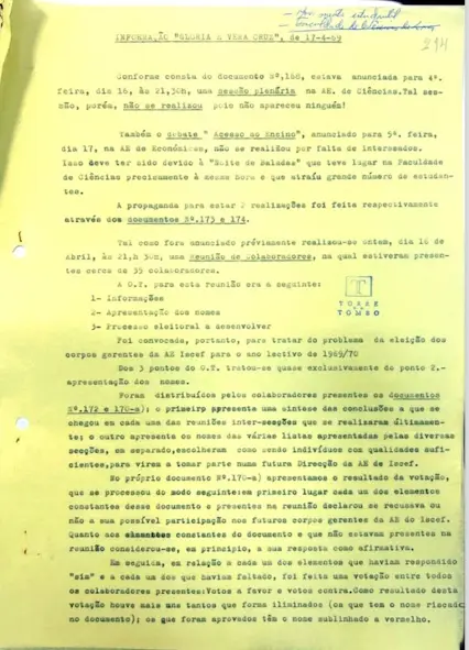 Relatório de Informadores - Informação Gloria e Vera Cruz de 17 abril 1969